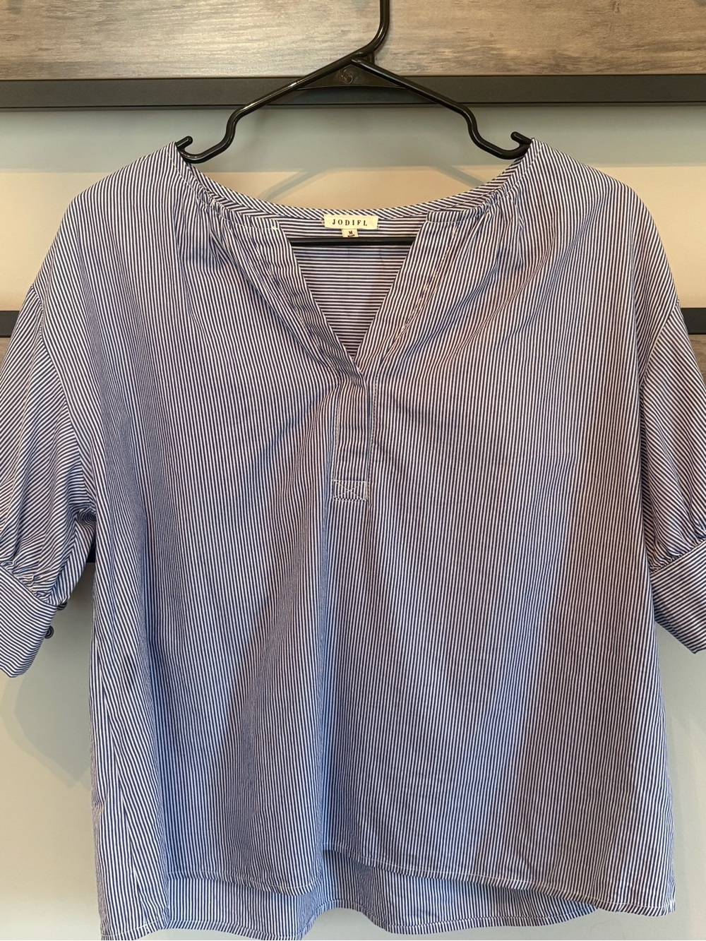 Jodifl Women’s Medium Blue White Stripe Cotton Popover Blouse Balloon Sleeve Top